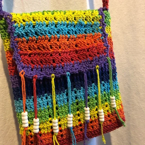 Pride Rainbow Crochet Shoulder Bag with Bead Fringe - Picture 6 of 12